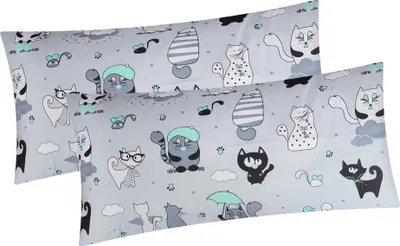 Produktbild von 2er Set Kissenbezug in 40x80 cm Renforcé 100% Baumwolle - Katzen, Grau, Grün - Kopfkissen-Bezug, Kissenhülle, Dekokissenbezug, Kinder (BS-Katzen-Grün-40x80)