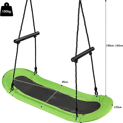 A green nest swing with dimensions indicated by measurement lines and text.