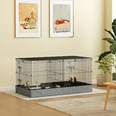 Produktbild von Kleintierkäfig 2-in-1, Zwerghamsterkäfig, Meerschweinchenkäfig, Oxfordstoff-Boden, Schwarz | 121 x 61 x 61 cm | 7,9 kg | Stahl