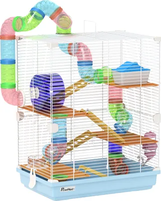 Produktbild von PawHut 5-stöckiger Hamsterkäfig mit Röhren, Laufrad, Leitern, Haus und Flasche, Nagetierkäfig aus Metall, PP und PS, 46x30x58 cm, blau