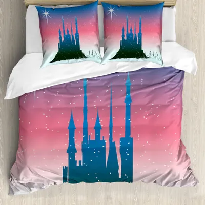 Produktbild von ABAKUHAUS Fantasie Bettbezug, Medieval Castle Sterne, Milbensicher Allergiker geeignet mit Kissenbezügen, 155 cm x 220 cm - 80 x 80 cm, Blau Dunkel Coral