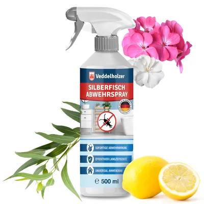 A spray bottle of silverfish repellent with decorative elements like flowers, eucalyptus leaves, and lemons.