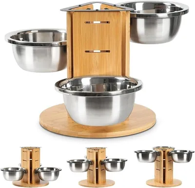 Produktbild von PolkaHome® Erhöhter Hundenapf mit 3 Edelstahlschalen, höhenverstellbar 13/20/27 cm, Futterstation aus Bambus für Hunde
