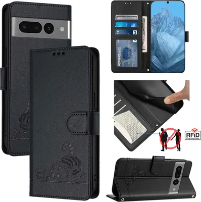 Produktbild von Leder Hülle für Google Pixel 7 Pro Süße Katze Flip Case Brieftasche Schutzhülle mit Standfunktion Schwarz