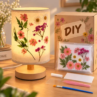 Produktbild von DIY-Tischlampe aus Holz und Leinen, mit Trockenblumen, 3 Lichtstufen Nachttischlampe, 5 W DIY lampe, Tischleuchte dimmbar, Deko schlafzimmer