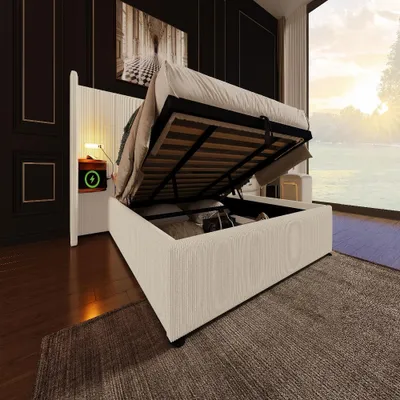 Imagen del producto de Cama tapizada de 180x200 cm con mesita de noche, espacio de almacenamiento, lámpara de lectura y función de carga USB tipo C, tapizada en tela de color beige y blanco, ideal para el dormitorio