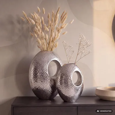 Immagine prodotto di FineBuy Vaso decorativo, set da 2 pezzi, alluminio argento con manico, vaso da fiori moderno con finitura martellata, vaso decorativo in 2 pezzi per fiori, vaso da tavolo in alluminio, realizzato a mano, Immagine generata dall'IA