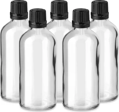 Produktbild von 5x Klare Glasflasche 100 ml mit schwarzem Tropfeinsatz leer 18 mm Set