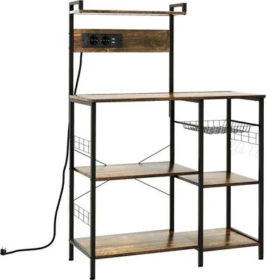 Immagine prodotto di Scaffale da cucina in stile industriale con presa di corrente e caricatore USB - Scaffale portaoggetti per microonde e utensili da cucina - 90x42x130 cm - Marrone rustico
