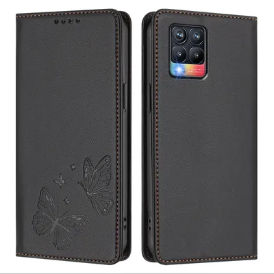 Produktbild von Lederhülle für Realme 8 4G/Realme 8 Pro 4G, Schmetterling Prägung Leder Brieftasche Schutzhülle mit Ständer Schwarz