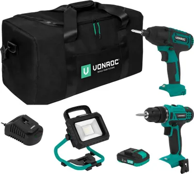 Produktbild von Vonroc Werkzeugset 20V - Akku-Schlagbohrmaschine, Schlagschrauber, Arbeitsleuchte, 2x 2.0Ah Akku und ein Ladegerät