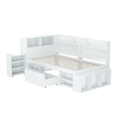 Obrázek produktu pro okwish postel pro mladé klasické postele 90x200cm se zásuvkami, policí a úložnou skříní, postel na platformě dřevěný rám postele s roštem, bílá barva