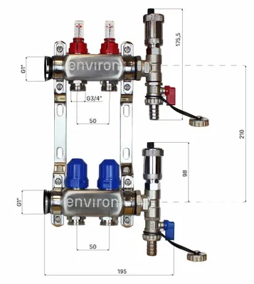 Productafbeelding van Verwarmingsverdeelstuk voor 2 circuits, 125 mm, roestvrij staal, zonder ventielset