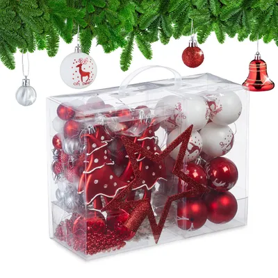 Produktbild von Relaxdays Weihnachtskugeln 103er Set, Kunststoff, Weihnachtsbaumdeko mit Baumkugeln, Spitze & Perlenketten, rot/weiß