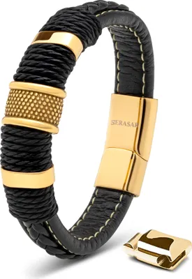 SERASAR | Pánsky Kožený Náramok [Ring] z Stainless Steel | Farba: Zlato | Dĺžka: 23cm
