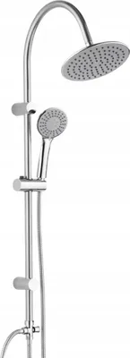 A chrome shower column with a rain shower head and a hand shower.
