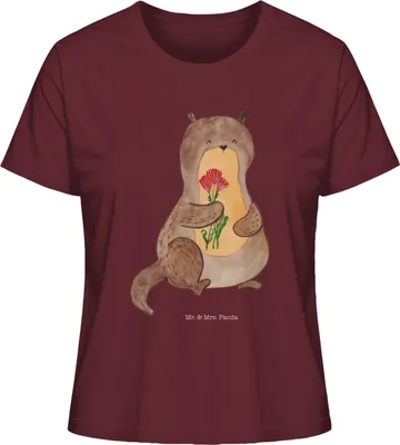 Produktbild von Mr. & Mrs. Panda Basic T-Shirt Damen Otter Blumenstrauß Größe M - Burgundy - Geschenk, Niedlich, Baumwoll, Shirt, Oberteil, Seeotter See, Süß