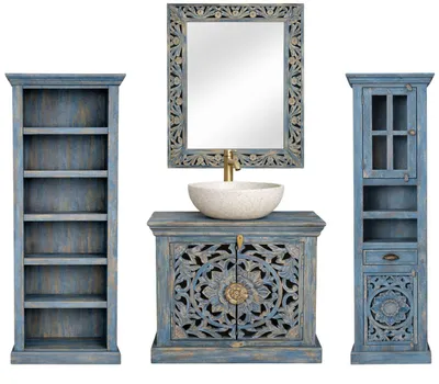 Produktbild von Badezimmermöbel Kirpal Blau orientalisch Massivholz 4er Set