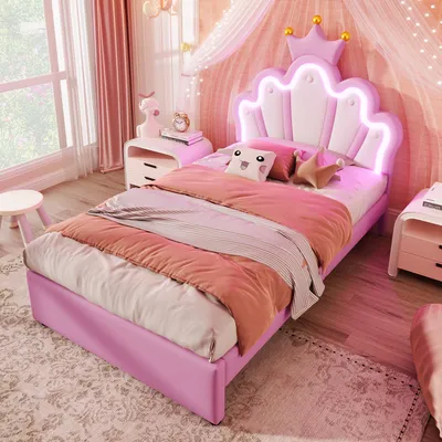 Produktbild von MODFU Kinderbett Polsterbett 90×200 cm mit Ferngesteuertes Ambientelicht, Einzelbett Prinzessinnenbett in Kronenform mit Verstellbares Kopfteil und 2 Schubladen(Ohne Matratze), PolyurethanRosa