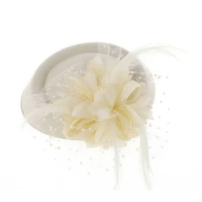 Produktbild von Exquisiter süßer Fascinator-Hut mit Haarspange, dekorativer Anti-Fall-Schleierhut aus Kunstfedern und Blumen, Netzstoff, Haar-Accessoires, Beige