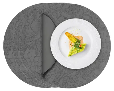 Platzsets rund, Kunstleder, 4er-Set, 34 cm, grau, abwaschbar