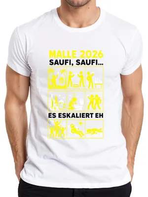 Productafbeelding van Malle 2026 Saufi Saufi T-shirt voor heren, met het opschrift "Mallorca Party Ballermann", wit, maat XL