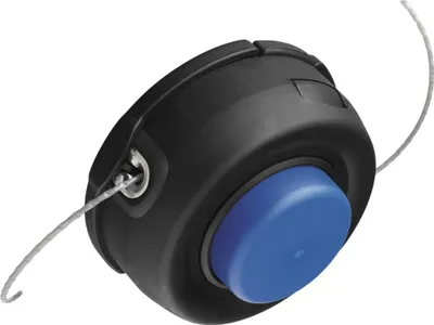Close-up of a string trimmer head with blue cap and silver cutting line.