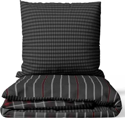 Produktbild von Renforce Bettwäsche Set 240x220 cm 100% Baumwolle Anthrazit Bordeaux Gestreift Kariert mit Reißverschluss