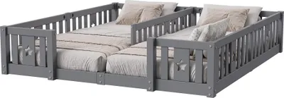 Produktbild von Moonbite Hausbett Kinder 90x200 cm Massivkiefer Grau mit Sternen-Geländer, Absturzsicherung und Lattenrost, modernes Design