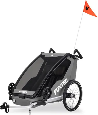 Produktbild von FUXTEC Fahrradanhänger FX-FA1 Sportfux - 2 Sitzplätze | Hecktasche mit Reflektoren | Schiebegriff | Regen- und Sonnenschutz | faltbar | grau Grau