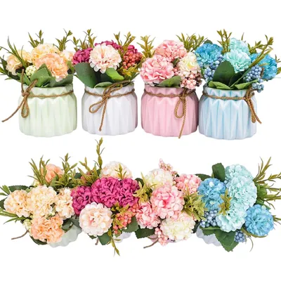 Produktbild von 4er Set Mini Kunstblumen Hydrangea im Topf – Deko Pflanzen für Zuhause, Büro, Hochzeit, Terrasse, Tisch – Weißes Flaschendesign