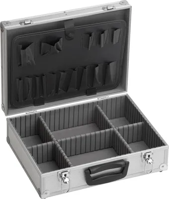An open silver tool case with multiple compartments and organizers.