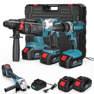Produktbild von 4IN1-Elektrowerkzeug Set: Winkelschleifer, Bohrmaschine, Schlagbohrmaschine, Schlagschrauber, 2x Li-Ion-Akku (21 V, 4000 mAh), Schnellladegerät