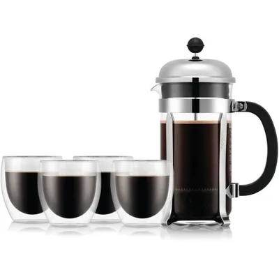 Immagine prodotto di Caffettiera a stantuffo, SET BODUM CHAMBORD, 8 tazze 1,0 l, 4 bicchieri a doppia parete PAVINA 25 cl