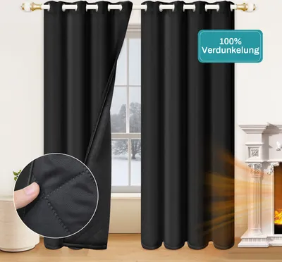 Blackout curtains are shown hanging in front of a window, with a fireplace visible to the right. A close-up inset shows the quilted lining of the curtain.