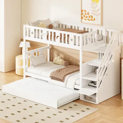 Produktbild von Etagenbett Kinder 90x200 cm mit Ausziehbett 90x190 cm, Sicherheitstreppe mit Stauraum, Sicherheitsgitter, Lattenrost, Massivholz, Weiß