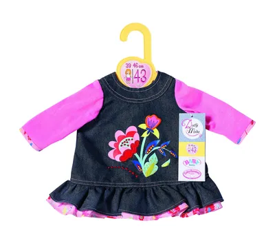 Produktbild von Dolly Moda Jeans Kleid 43cm, Puppenkleidung mit Blumenmotiv, Puppenkleid