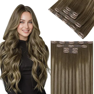 Productafbeelding van Haarverlengingen, clip-in, echt haar, lichtbruin met balayage, goudblond, glad, 40 cm, 4 stuks, 80 gram