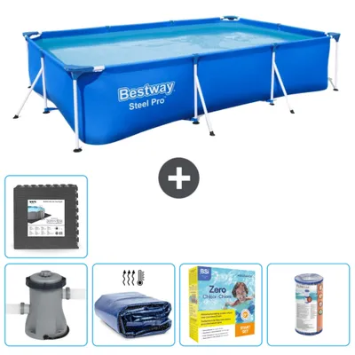 Produktbild von Bestway Rectangular Steel Pro Swimmingpool – 300 x 201 x 66 cm – Blau – inklusive Pumpe Sonnensegel - Wartungspaket - Filter - Bodenfliesen