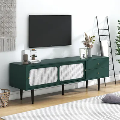 Produktbild von okwish Retro-Rattan-TV-Schrank, bodenstehender Stauraum, Wohnzimmermöbel, TV-Schrank mit 2 Schubladen, 2 Rattan-Schiebetüren, 4 Fächer, herausnehmbares Laminat
