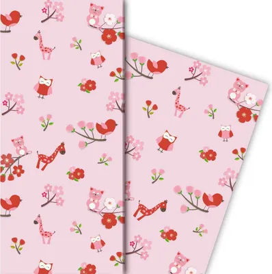 Produktbild von Süßes Kinder/ Baby Geschenkpapier mit Eulen, Katzen und Giraffen auf rosa - G5151, 32 x 48cm