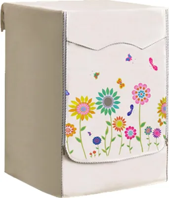 A protective cover for a washing machine, decorated with flowers and butterflies.