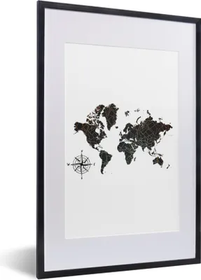 Produktbild von MuchoWow® Gerahmtes Poster Weltkarte - Bronze - Kompass 40x60 cm - Poster mit Schwarzem Bilderrahmen Wandposter Rahmen Foto Bilder - Poster in Rahmen