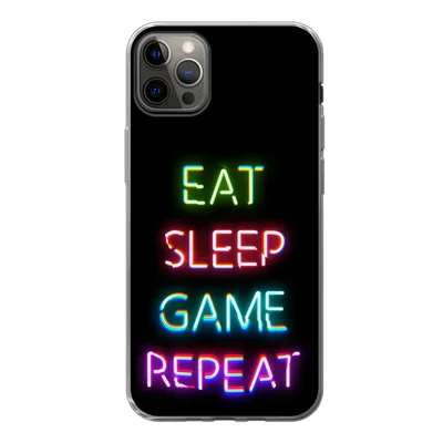 Produktbild von MuchoWow® Handyhülle Schutzhülle Hülle für iPhone 13 Pro Max Gaming - Led - Zitat - Eat sleep game repeat - Gaming Silikon Softcase Handy Hülle - Mobiltelefon
