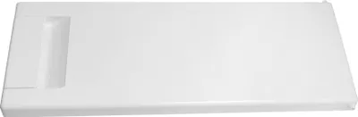 A white refrigerator door/drawer front with a recessed handle area on the left.