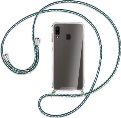 Produktbild von Handykette Backcover-Schutzhülle mit Band (Metall silberfarben) für Samsung Galaxy A20e - grün/blau/weiß
