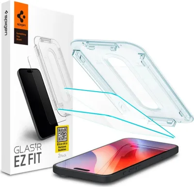 Produktbild von Spigen EZ Fit Displayschutzfolie geeignet für iPhone 16 Pro Max mit Installationswerkzeug - 2 Stück