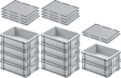 Produktbild von SuperSparSet 10x Eurobehälter mit geschlossenem Griff & Auflagedeckel | HxBxT 12x30x40cm | 11 Liter | Grau | Eurobox, Transportbox, Transportbehälter, Stapelbehälter