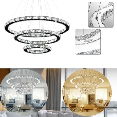 Image de LARS360 Lampe à suspension à LED 96W cristal - Lustre à intensité variable avec trois anneaux créatifs, suspension moderne, lustre élégant pour le salon, la salle à manger
