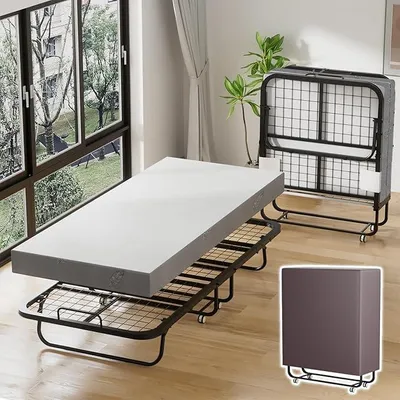 Imagen del producto de Cama plegable Jaxguom de 90x200 cm con colchón de 13 cm y ruedas
